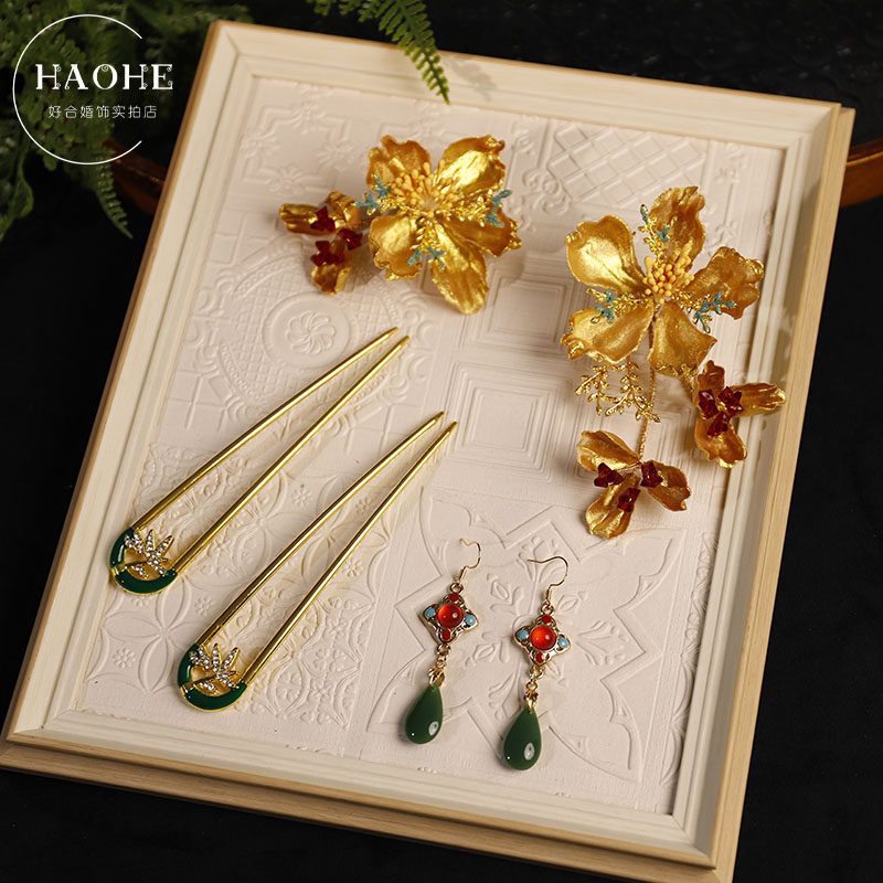 2025新款新中式新娘金色花朵发饰龙凤褂秀禾服礼服国风头饰套装女