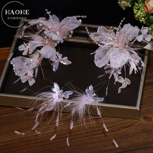 甜美新款粉色羽毛绢纱花朵边夹韩系新娘晨袍减龄配饰拍照可爱发饰