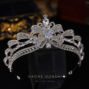 新款闪亮轻奢锆石水钻蝴蝶结新娘皇冠婚纱礼服结婚头饰新娘跟妆配