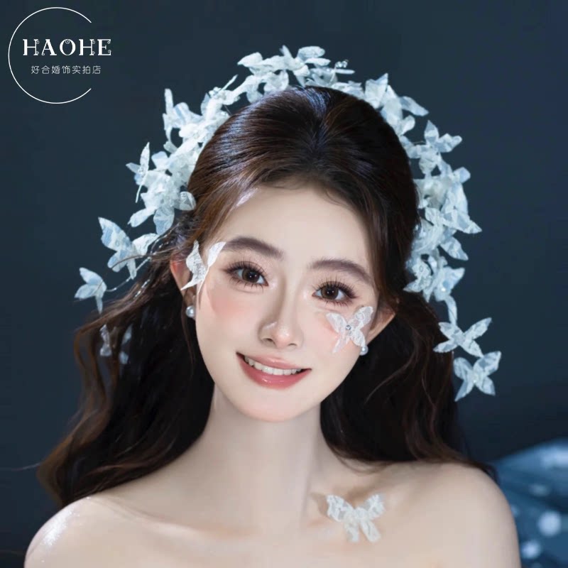 灵动仙气蝴蝶新娘韩系白色发箍女