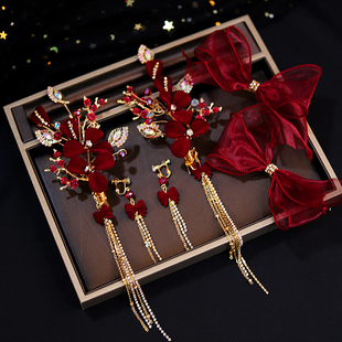 新娘头饰韩式超仙美敬酒发饰红色简单大气结婚婚纱礼服敬酒服造型