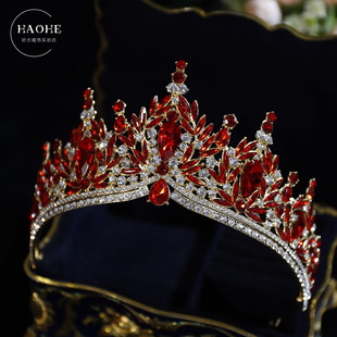 新娘皇冠轻奢闪亮巴洛克红色头饰高级感结婚造型生日公主婚纱王冠