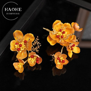 新中式 高级感重工金色花朵发饰新娘敬酒服晨袍旗袍氛围感婚礼头饰