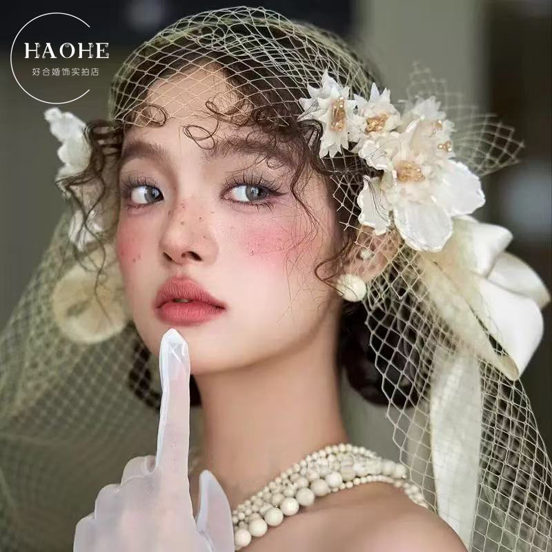 好合法式香槟色手工花复古网纱新娘头饰森系旅拍婚纱摄影样片造型