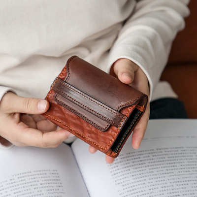 风琴卡包头层植鞣牛皮多卡位