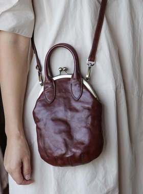 漫色复古植鞣头层牛皮口金夹子包女真皮手机包时尚手提单肩斜挎包