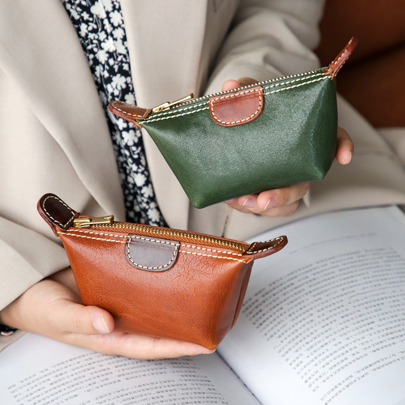 复古女头层牛皮迷你零钱卡包