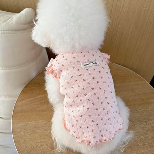 狗狗春背夏装恤薄季577款衣服碎花飞袖T小型犬猫咪衣服春游夏日韩