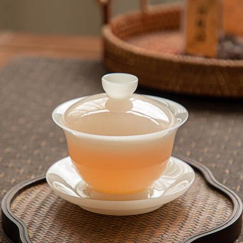 冰种璞玉瓷悬停防烫盖碗白瓷茶杯