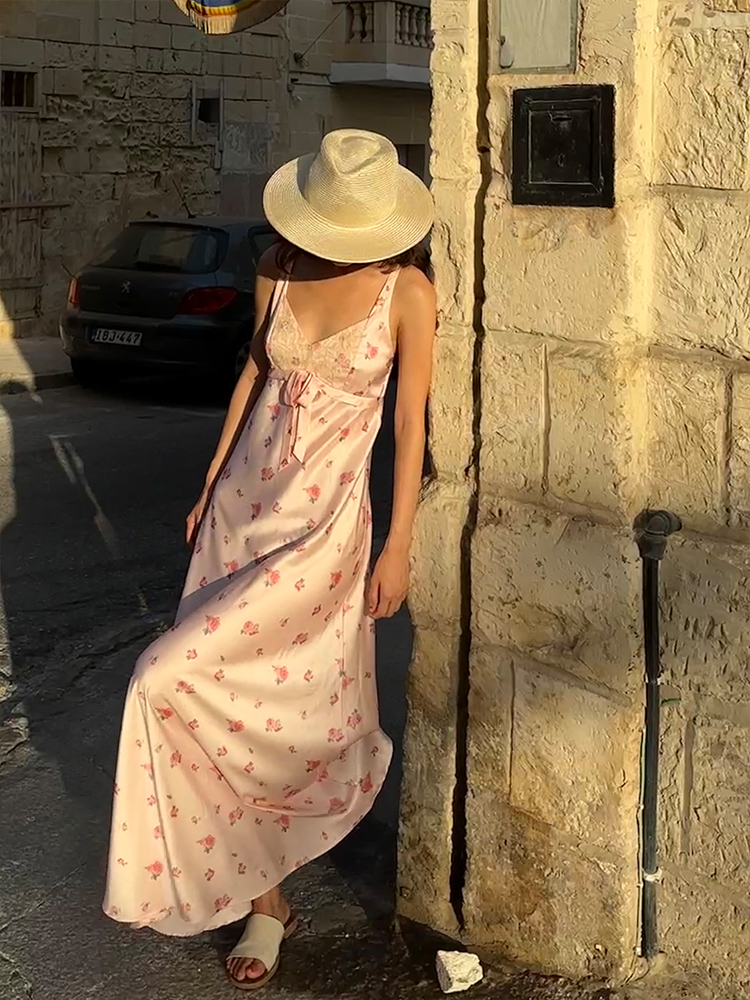 复古a字裙缎面花纹吊带