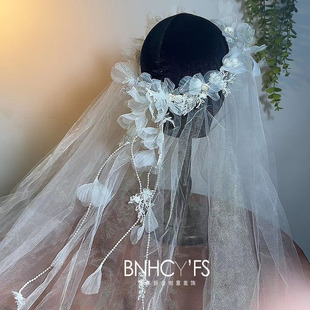 森系法式复古娟纱花朵手工花环头纱新娘造型浪漫婚纱影楼配饰韩式