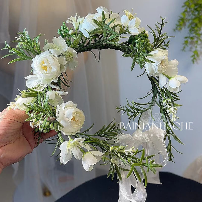 ins森系手工白色花朵清新百搭花环新娘韩版户外婚礼甜美公主头饰