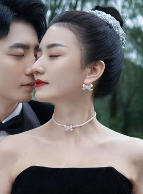 新款珍珠蝴蝶结礼服气质项链耳环