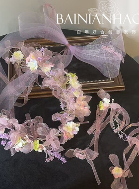 甜美粉紫绢纱花朵蝴蝶结发饰套装