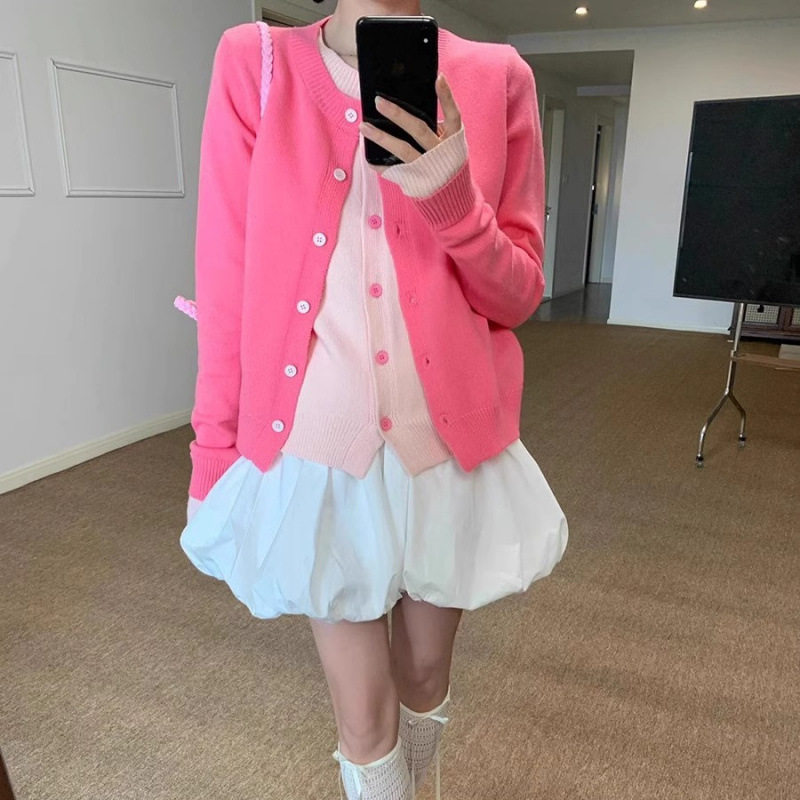 甜美风糖果色假两件针织衫开衫女春季软糯风毛衣外套显瘦上衣