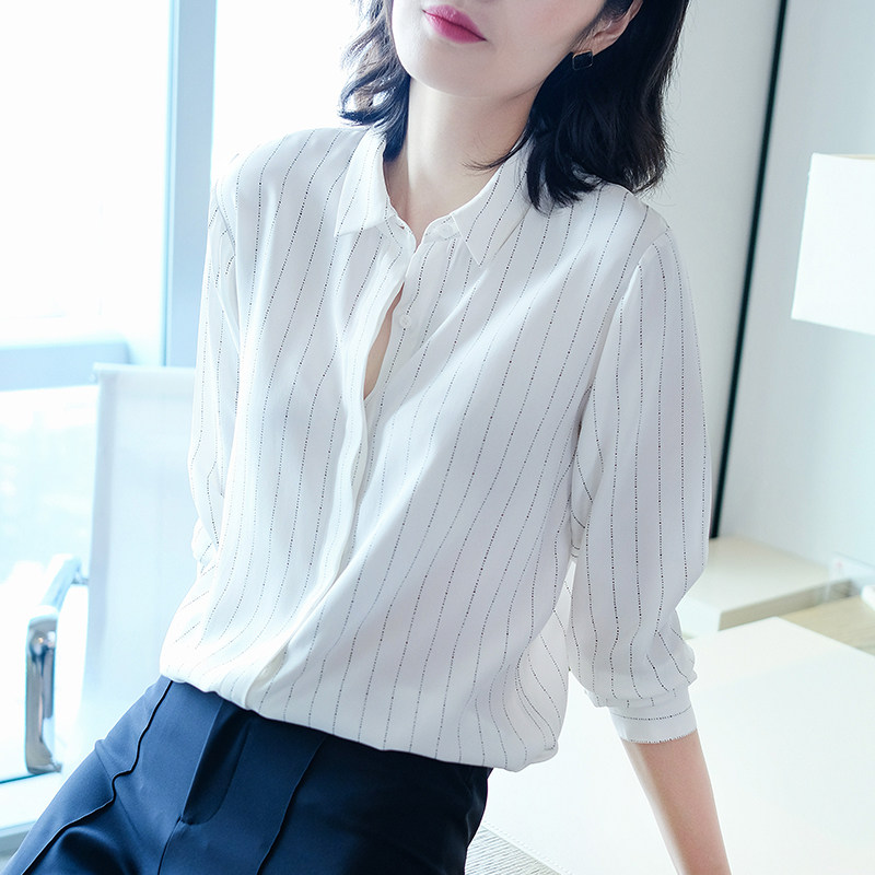 轻熟小众定制雪纺竖条纹衬衫女士设计感长袖衬衣女2020新款宽松