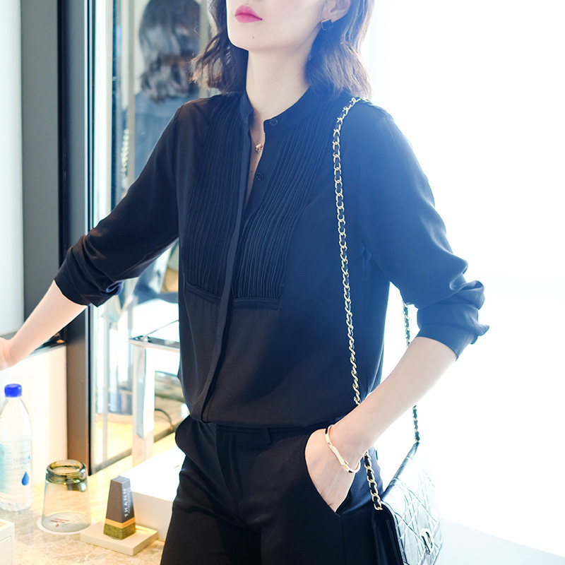 法式百褶立领黑色雪纺上衣衬衫女设计感小众春秋长袖衬衣2020新款