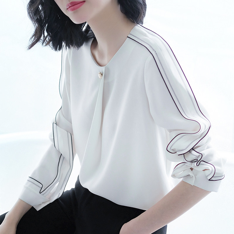 气质清新茉莉白雪纺白色衬衫女士长袖衬衣上衣女春装2020新款宽松