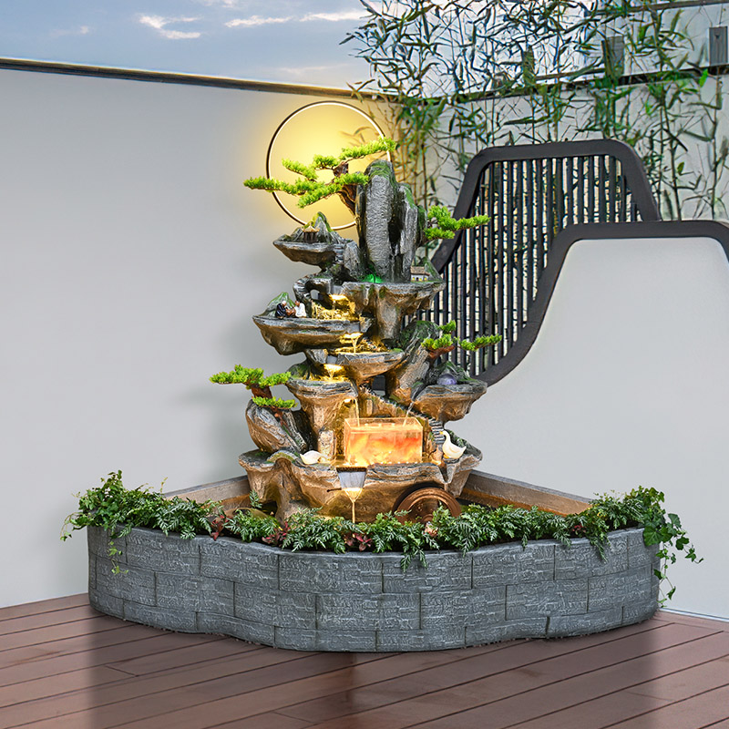 庭院生态鱼池高山流水中式鱼缸景观落地摆件招财风水轮户外装饰品