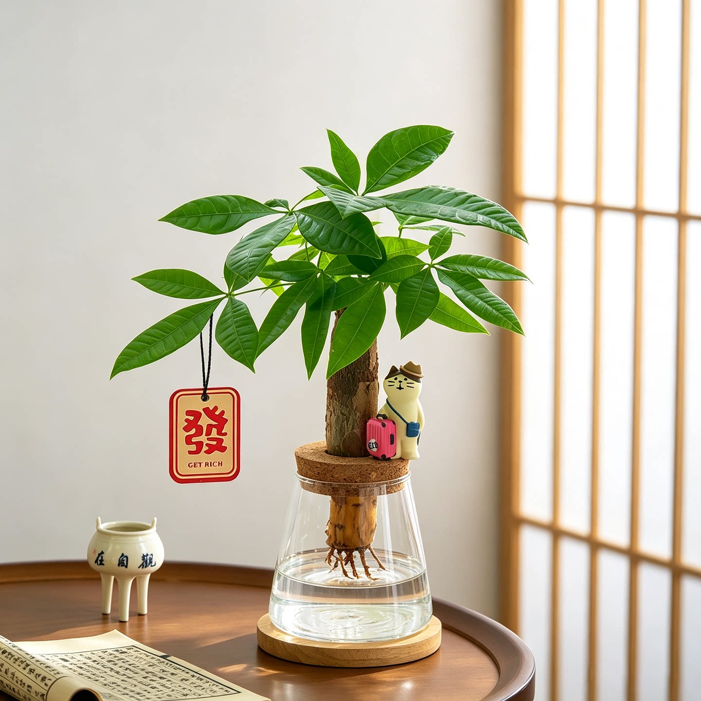 水培植物发财树中式禅意办公室内招财树摆件四季常青花卉绿植盆栽