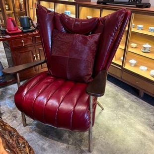 沙发椅头层牛皮茶室主人椅中古风油蜡真皮单椅轻奢复古单人沙发椅