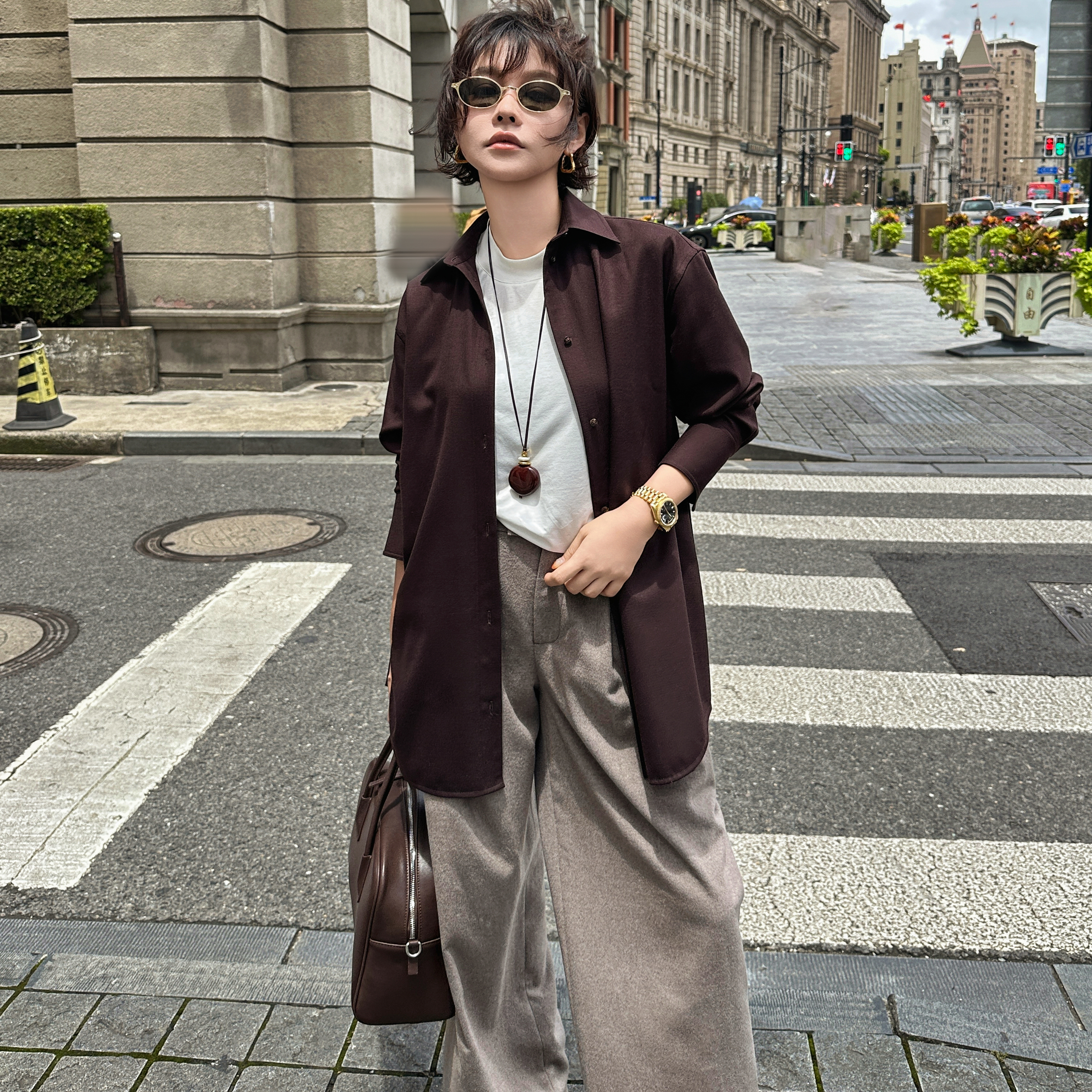 中式复古假两件衬衫外套女中长款翻领休闲通勤风秋季穿搭