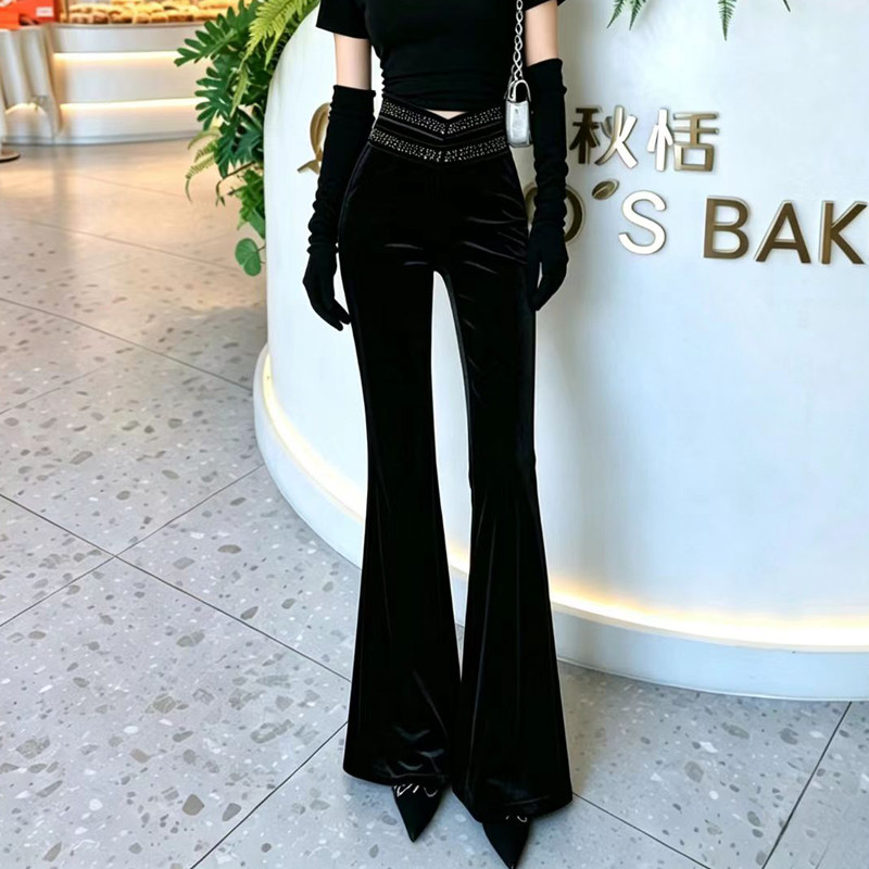 双排烫钻金丝绒黑色喇叭裤女秋图片