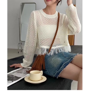 罩衫 女长袖 勾花网格毛衣 百搭小心机设计感流苏边镂空针织衫 23春款
