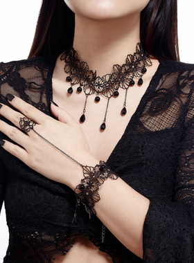 流苏水晶珠子蕾丝手链项链套装 欧美夏季复古时尚网红气质锁骨链