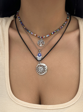 3件套彩色米珠小树项链套装 欧美夏季复古个性网红风格叠戴锁骨链