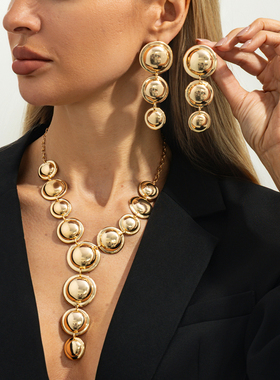 2件套光面圆形耳钉项链套装 欧美新潮嘻哈夸张时尚写真拍照饰品酷