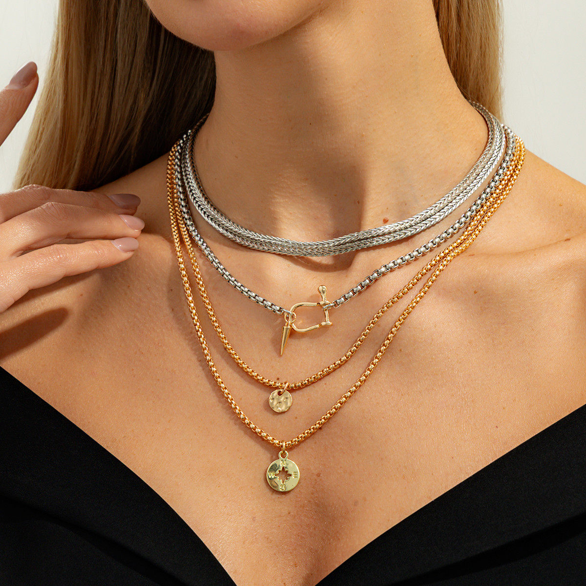 4件套铆钉BOX链项链套装 欧美嘻哈潮流时尚个性网红搭配服装饰品