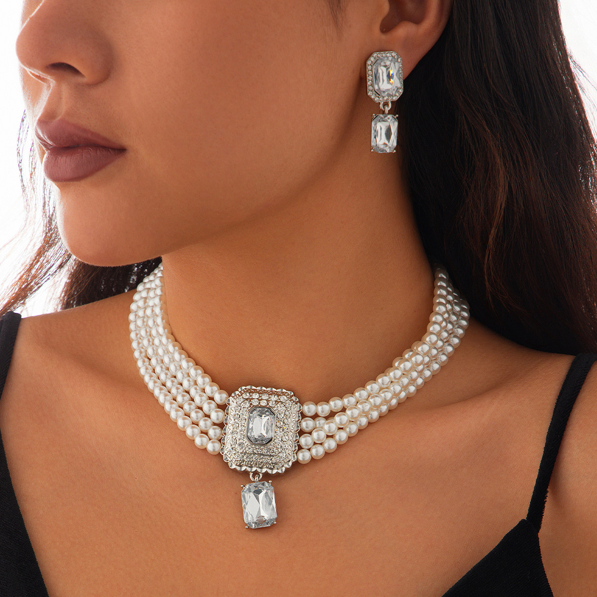 镶钻宝石多层仿珍珠耳钉项链套装 轻奢复古潮流时尚赫本风配饰品,饰品/流行首饰/时尚饰品新,项链,淘宝优惠券,粉丝福利购,淘宝优惠卷