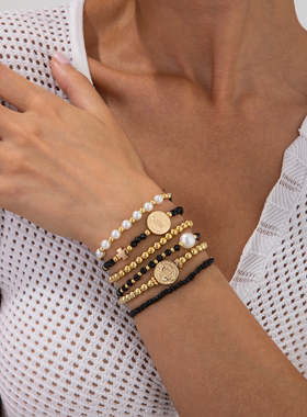 6件套CCB水晶米珠手链套装 欧美复古时尚百搭网红风格手饰品潮人