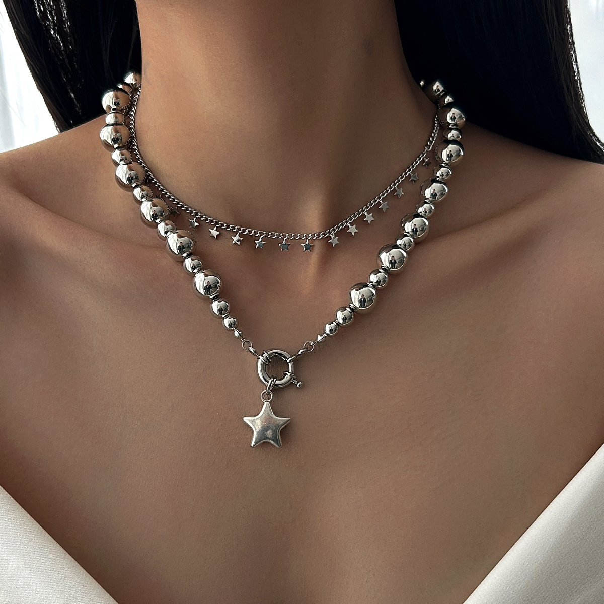 2件套CCB珠五角星吊坠项链套装欧美秋冬潮时尚百搭旅行拍照锁骨链