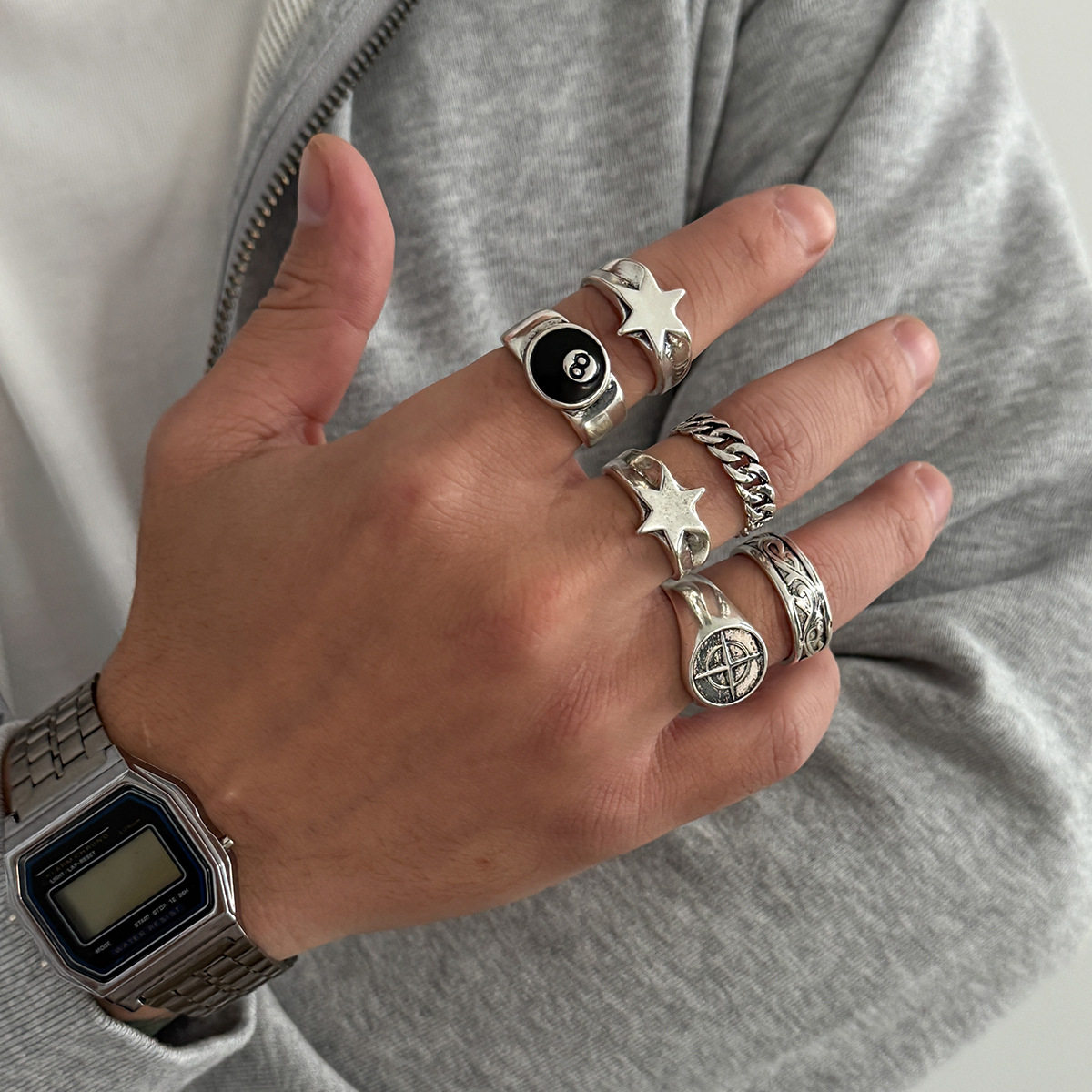 男款6件套黑8五角星戒指套装 欧美复古潮流嘻哈个性街拍指环组合,饰品/流行首饰/时尚饰品新,戒指/指环,淘宝优惠券,粉丝福利购,淘宝优惠卷
