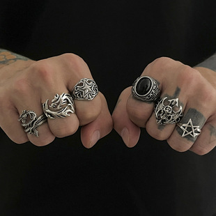 男款6件套龙形戒指套装 欧美2026复古个性潮流感嘻哈小众设计饰品