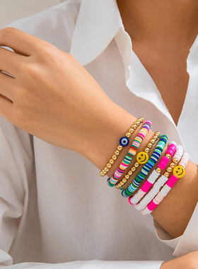 7件套笑脸CCB软陶手链套装 欧美时尚甜美气质个性弹力手饰品潮人