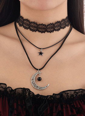 3件套月牙蕾丝绒绳项链套装 优雅复古时尚女生搭配衬衣叠戴锁骨链