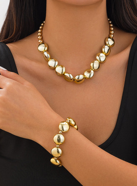 朋克风几何扁圆珠手链锁骨链女 欧美跨境饰品个性CCB串珠百搭项链