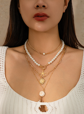 4件套海星贝壳四面磨链项链套装 欧美夏季海滩旅行度假叠戴颈链潮