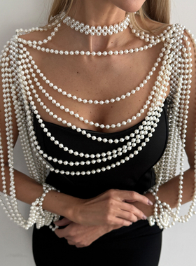 仿珍珠手链项链肩链一体链 欧美潮夸张时尚模特舞台走秀搭配饰品