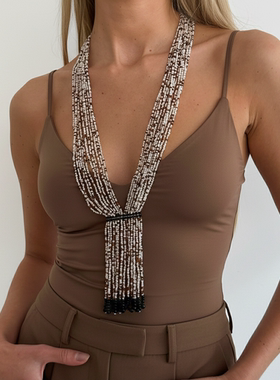多层水晶吊坠米珠项链女 欧美2026春夏新潮时尚夸张个性气质颈链