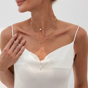 多层仿珍珠珠子链项链女 欧美新潮时尚性感网红深V搭配礼服配饰品