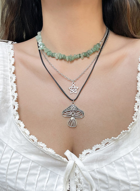 欧美复古民族风蘑菇吊坠皮蜡线项链 仿松石串珠多层锁骨链潮饰品