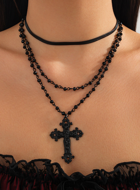 2件套十字架水晶PU皮项链套装 欧美复古个性网红气质搭配服装饰品