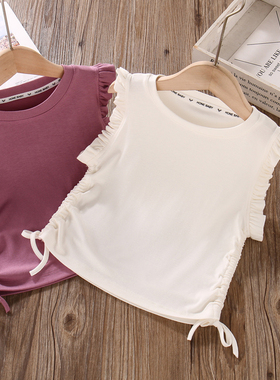 女童T恤夏季薄款背心外穿纯棉洋气小女孩短款短袖白色小飞袖上衣