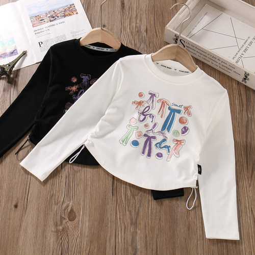 女童纯棉长袖T恤春秋装短款上衣