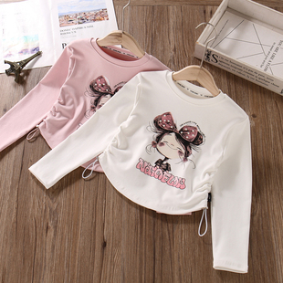 上衣 儿童长袖 t恤春秋洋气修身 女孩粉白色纯棉打底衫 女童高腰短款
