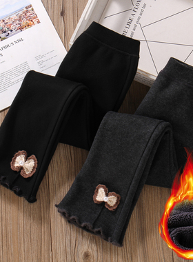 女童加绒打底裤秋冬外穿加厚高腰弹力洋气黑灰色儿童保暖微喇裤子